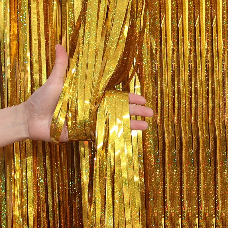 2/3M Party Background Wedding Decoration Foil Fringe Curtain Sequin Bachelorette Photo Backdrop Wall Curtain Birthday BabyShower | Color:Laser Gold