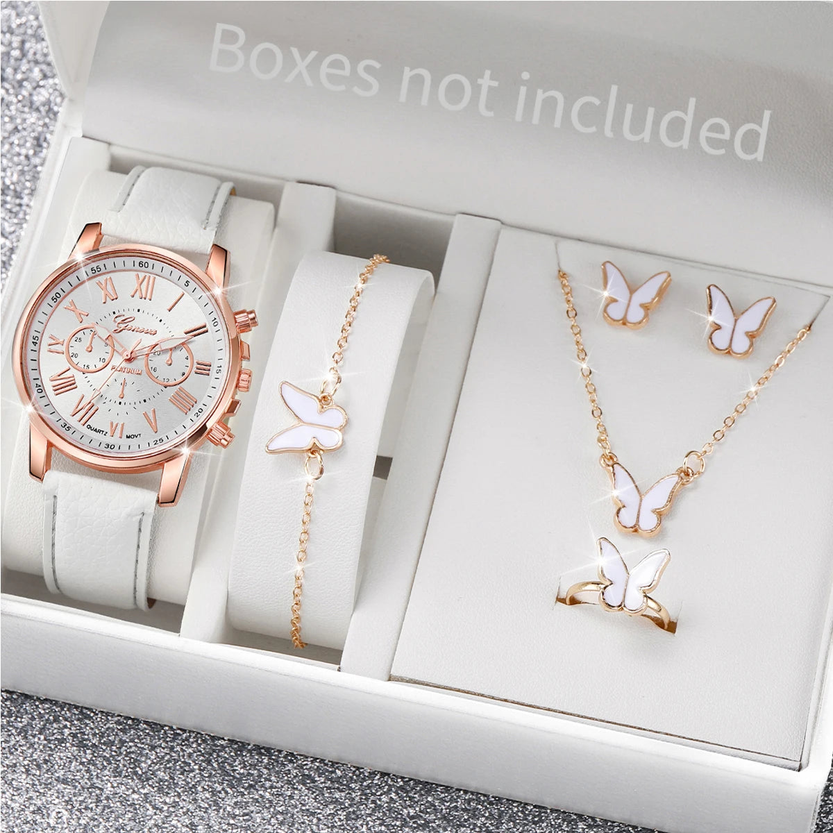 5/6PCS Fashion Women's Quartz Watch Leather Band Analog Wrist Watches Heart Rhinestone Jewelry Set(Without Box) | Color:A Without Box