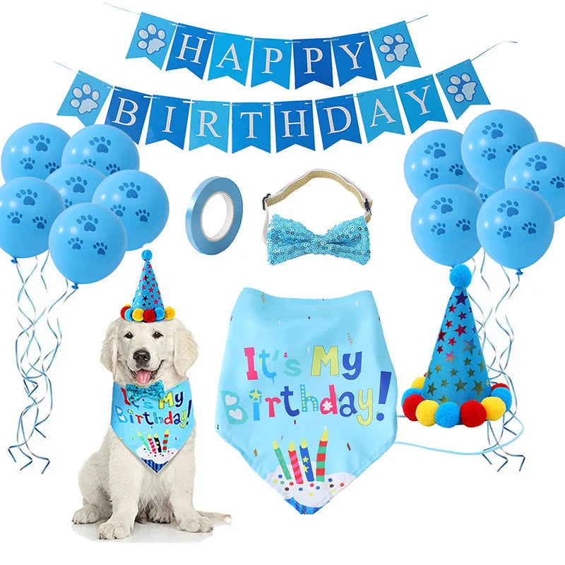 Pet Birthday Party Set Balloon Bandana Hat Bowtie Slogan Supplies for Celebrating Dog Products Supplies All for Pets Cats Party | Color:Blue Set A