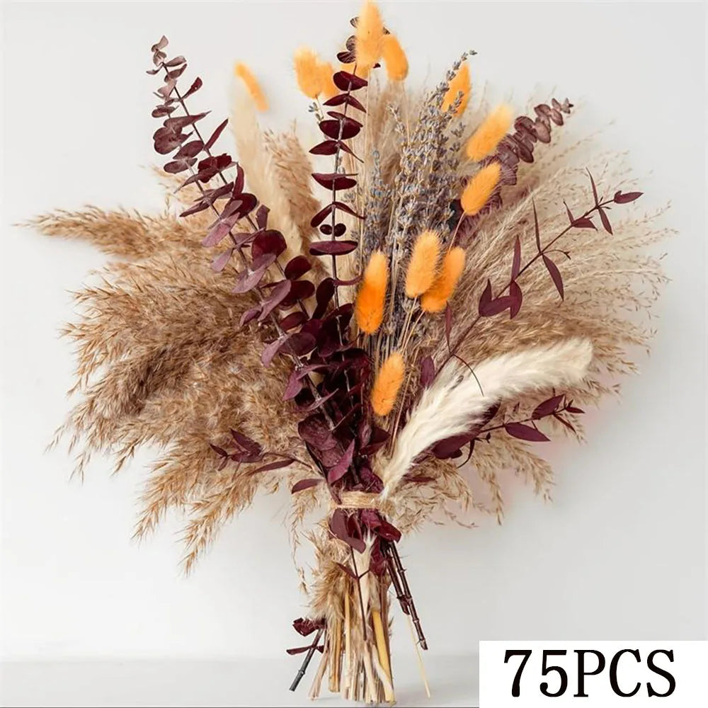 Autumn Dried Fluffy Pampas Bunny Tails Boho Home Nature Flower Bouquet Baby Breath Living Room Vase Decor Wedding Couples Gift | Color:E