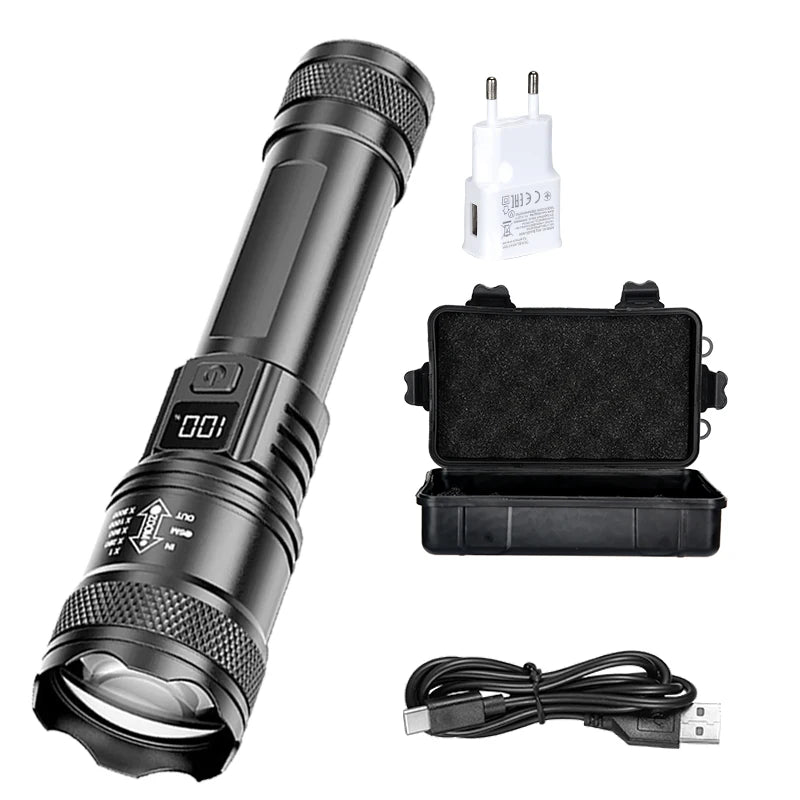 Rechargeable LED Flashlight Zoomable Torch with LCD Display 3 Modes Waterproof High Power Hand Light Outdoor Wilderness Camping | Emitting Color:1PC EU package
