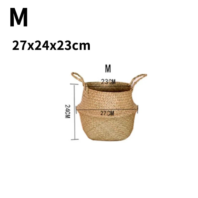 Seagrass Rattan Basket Foldable Wicker Organizer Handmade Plant Pot Laundry Bin Decorative Boho Style for Garden Home Decor | Color:27CM M