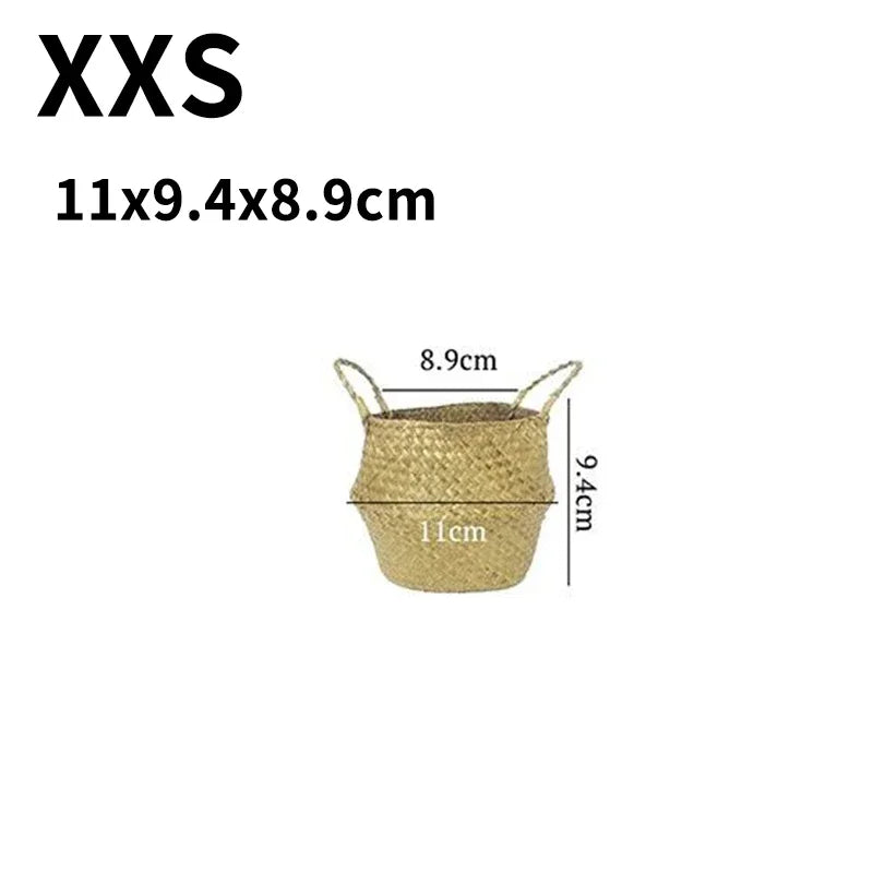 Seagrass Rattan Basket Foldable Wicker Organizer Handmade Plant Pot Laundry Bin Decorative Boho Style for Garden Home Decor | Color:11CM XXS