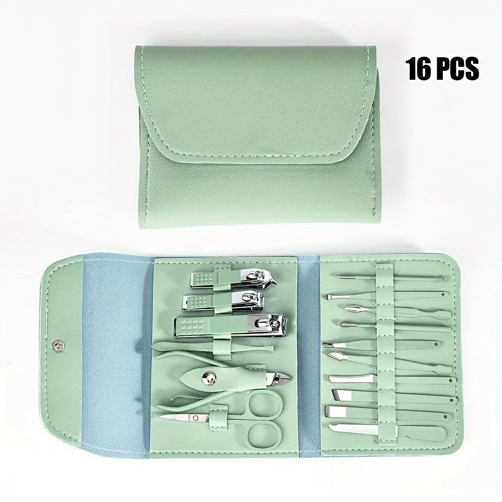 16pcs Professional Nail Clippers and Cuticle Nippers Set with Travel Case Manicure Set Pedicure Sets Nail Clippers | Color:Green