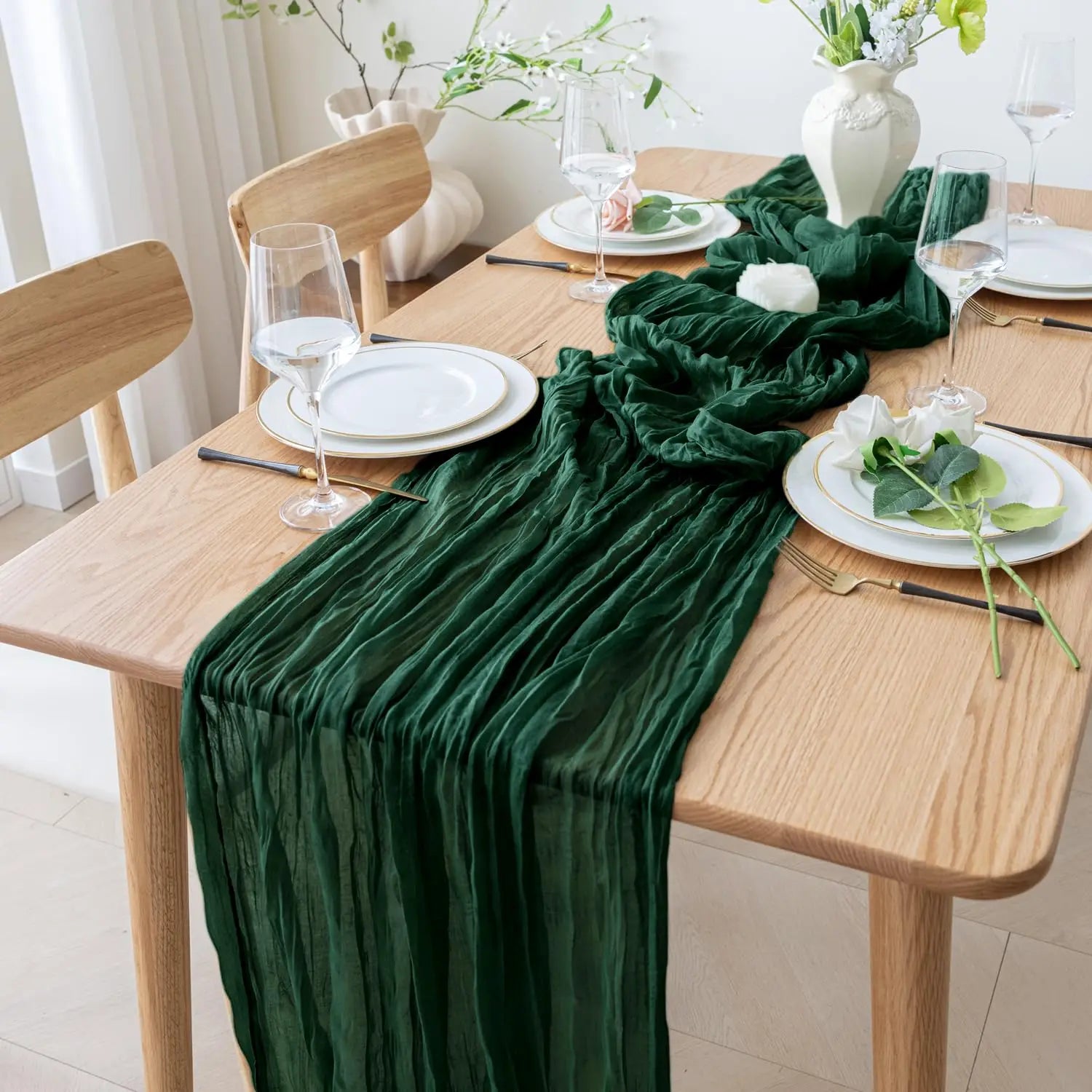 90x300cm Brown Cheesecloth Table Runners Boho Sheer Tablecloth for Wedding Shower Birthday Bridal Party Home Dinning Decoration | Color:green