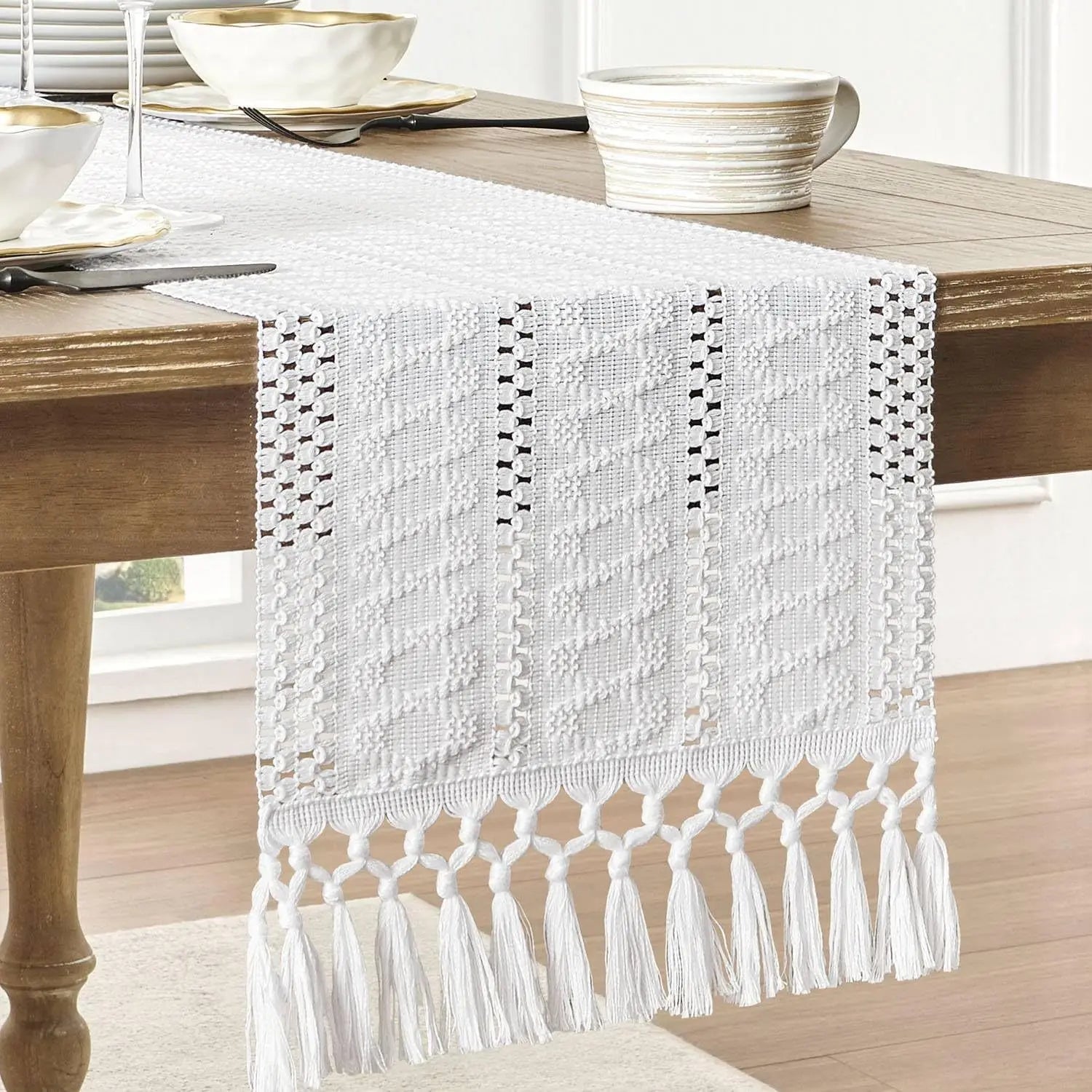 Macrame Style Boho Table Runner, Dresser Runner Cover Top,Ivory Table Runners for Living Room Kitchen Farmhouse Woven Home Decor | Color:White
