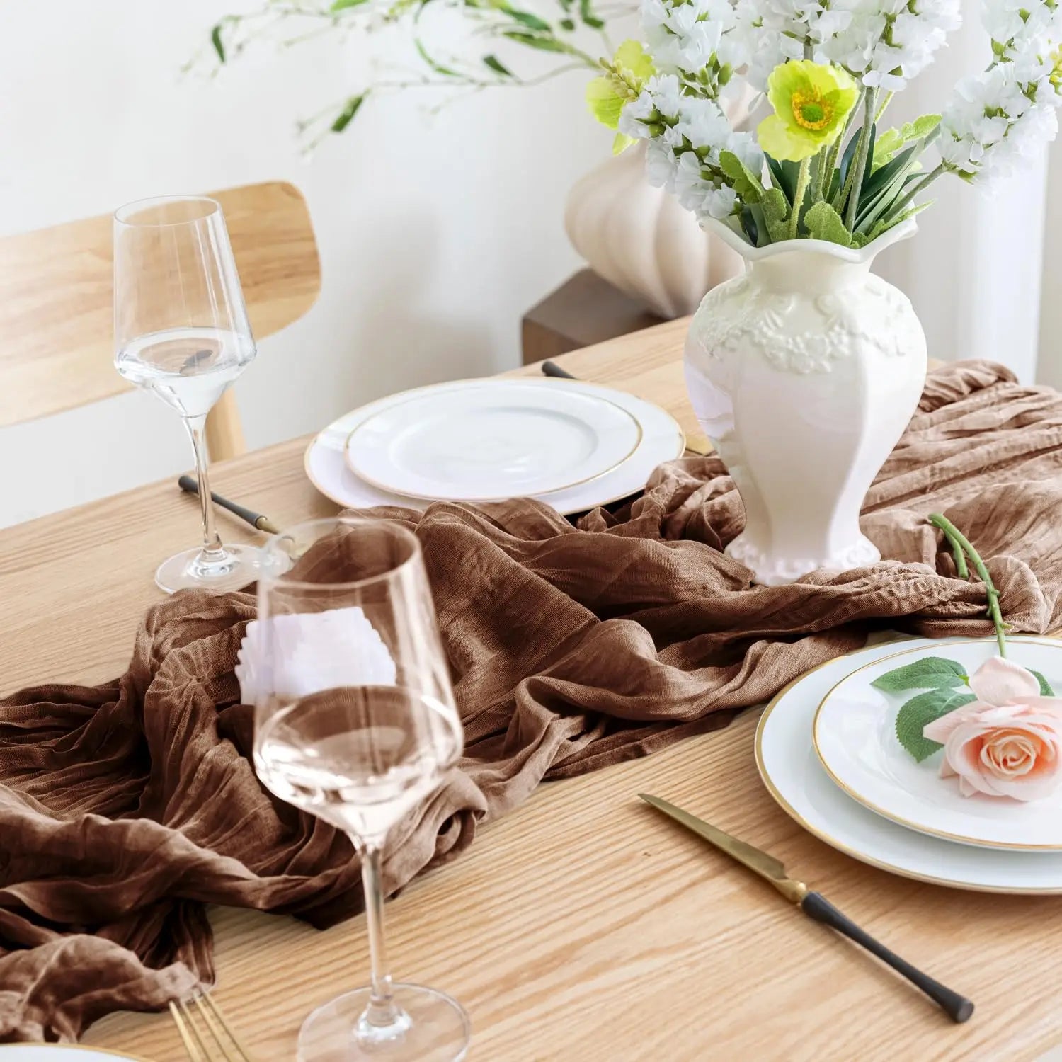 90x300cm Brown Cheesecloth Table Runners Boho Sheer Tablecloth for Wedding Shower Birthday Bridal Party Home Dinning Decoration | 4
