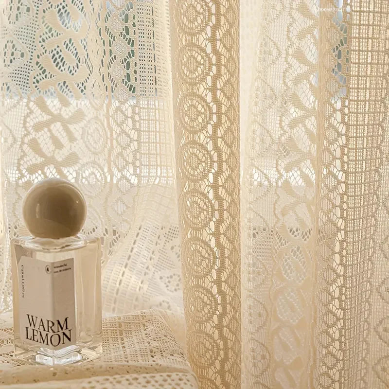 1PC Boho Style Jacquard Warp Knitted Lace Tulle Curtains For Living Room,Beige Vintage Geometric Drapes for the Bedroom Decor | 1
