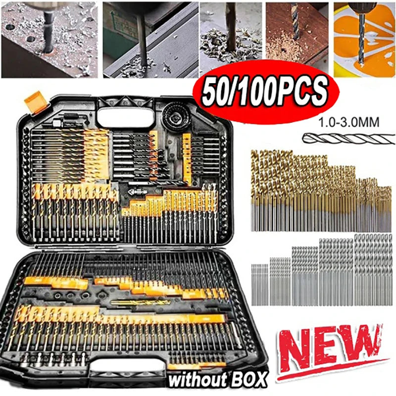 100/50Pcs Titanium Coated Drill Bits HSS High Speed Steel Set Tool Quality Power Tools 1/1.5/2/2.5/3mm | 0