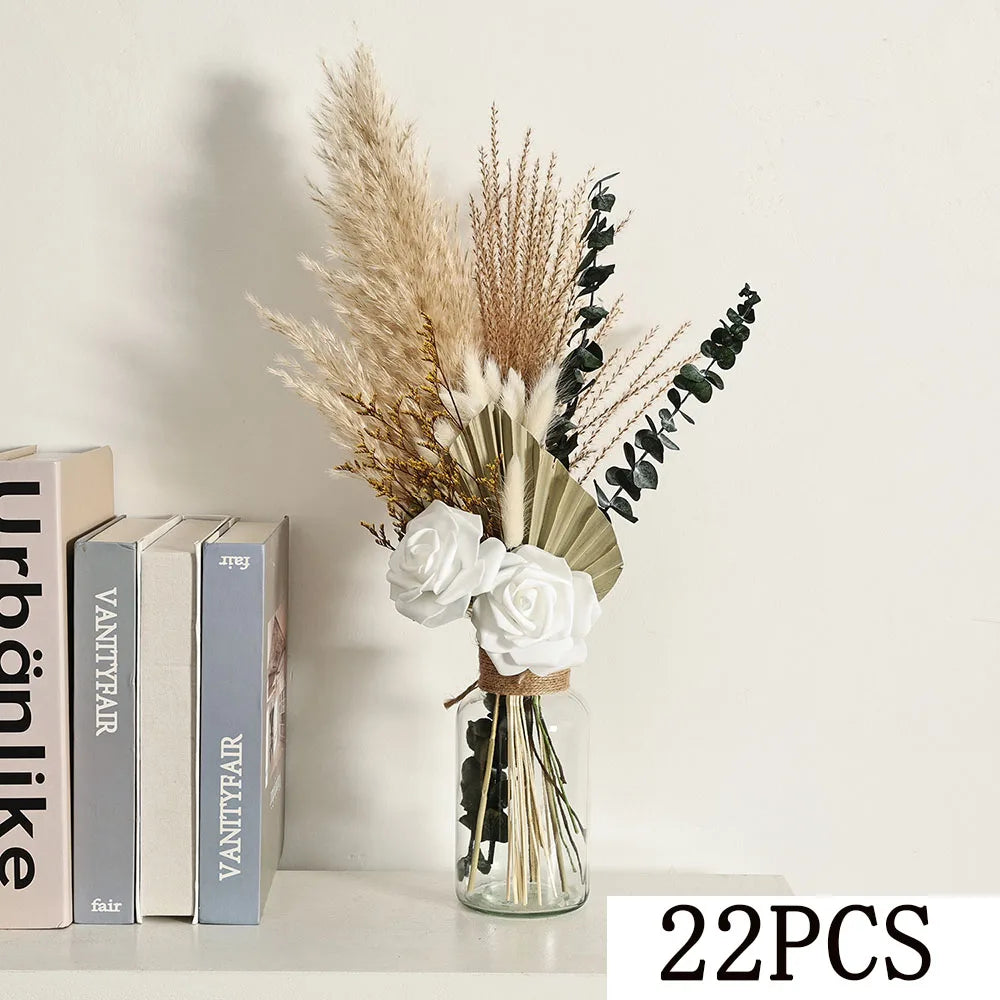 Nature Dry Helichrysum Bracteatum Eucalyptus Colorful Flower Bouquet Boho Chic Centerpieces for Wedding Pampas Grass Home Decor | Color:C