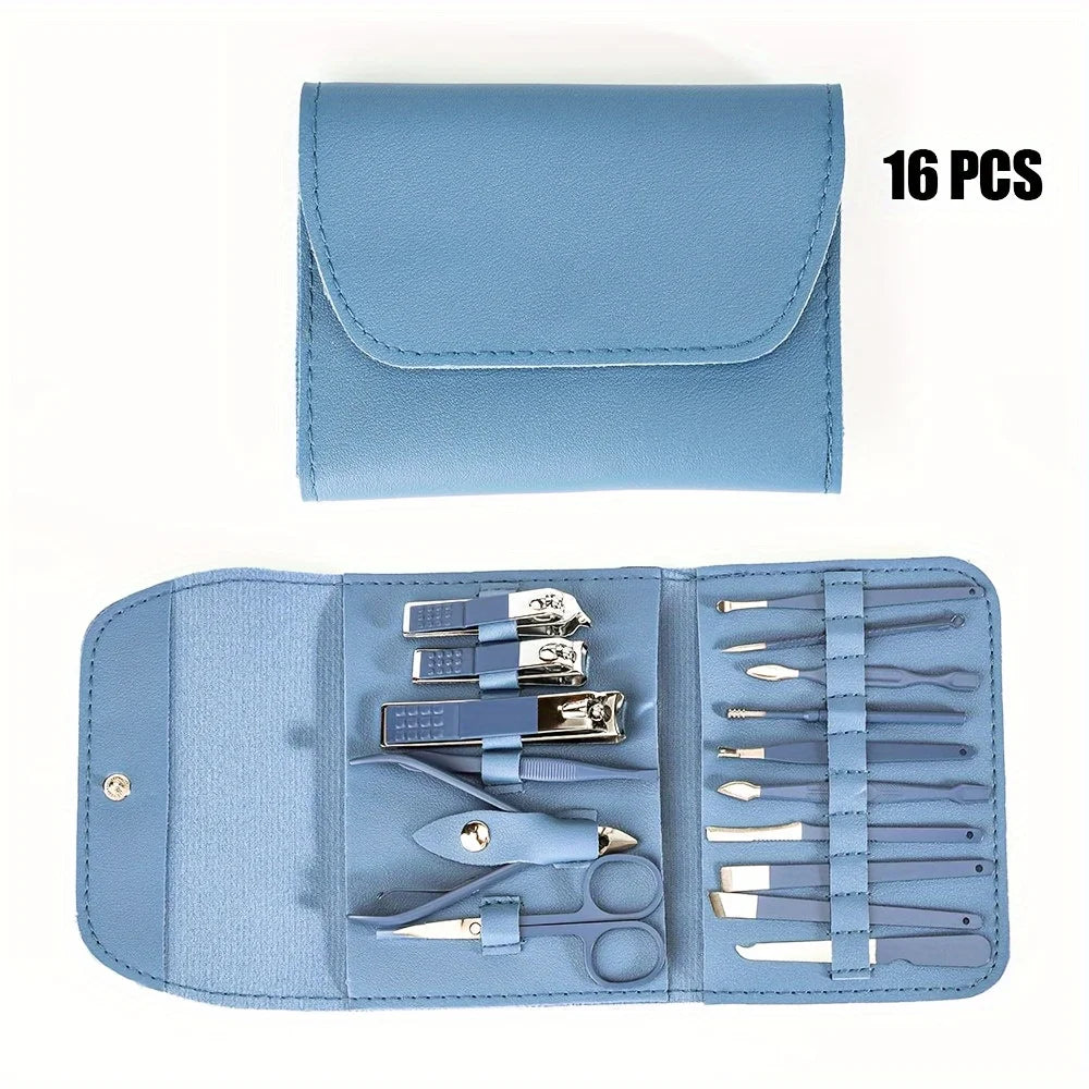 16pcs Professional Nail Clippers and Cuticle Nippers Set with Travel Case Manicure Set Pedicure Sets Nail Clippers | Color:Blue