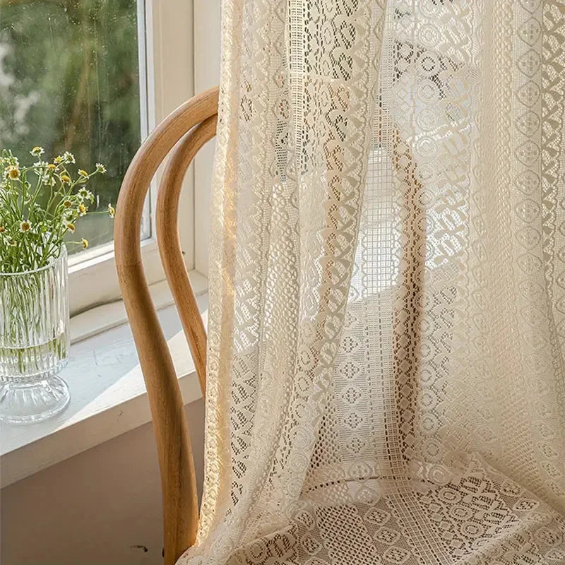 1PC Boho Style Jacquard Warp Knitted Lace Tulle Curtains For Living Room,Beige Vintage Geometric Drapes for the Bedroom Decor | 0