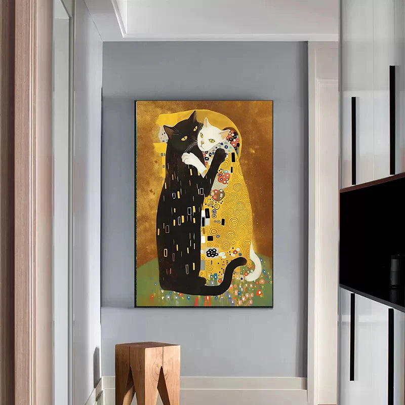 Cat Kitty Klimt Kiss Canvas Poster Vintage Creative Parody Style Print Wall Art Pictures Painting Living Room Home Decoration | 2