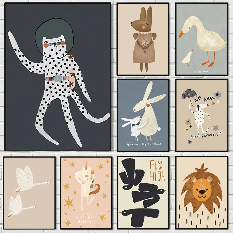 New Boho Cartoon Rabbit Mouse Goose Nurser Art Canvas Painting Nordic Retro Poster and Prints Wall Picture Baby Kids Room Decor | 0