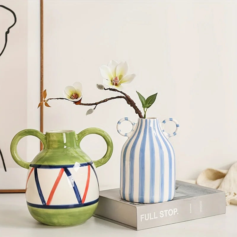 Hand-Painted Ceramic Vase with Dual Handles - Striped, Cylinder Design for Living Room Decor, Earthenware, Decorative Ornaments | 2