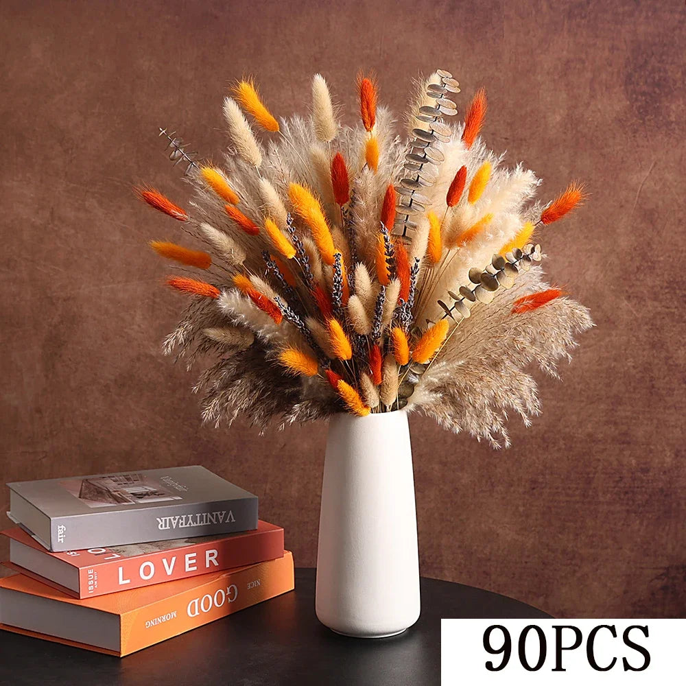 90Pcs Natural Fluffy Pampas Grass Bouquet Boho Home Accessories Fall Decoration Dried Flowers Orange Reeds Wedding Centerpieces | Color:Style D