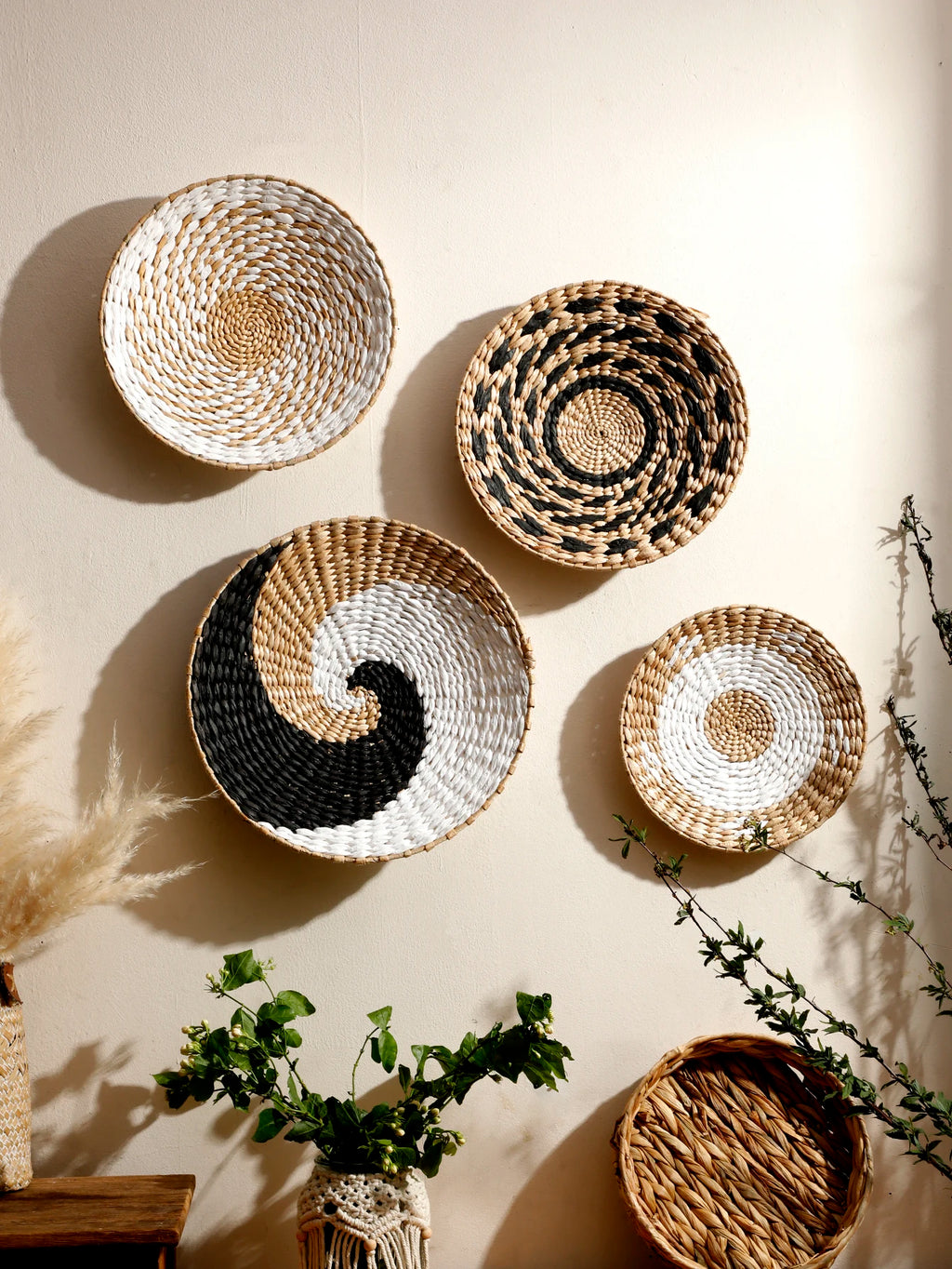 Wall Basket Decor Boho Handmade Seagrass Wall Hanging Decor Natural Basket Wall Art for Kitchen Bedroom Living Room Ornament | 3