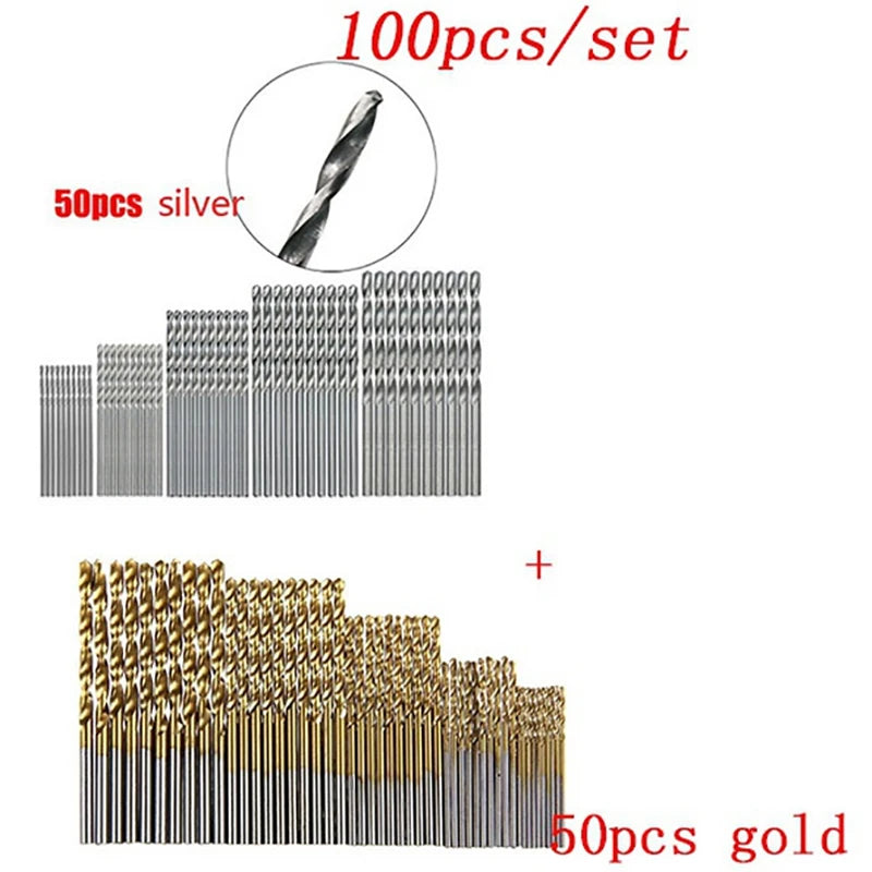 100/50Pcs Titanium Coated Drill Bits HSS High Speed Steel Set Tool Quality Power Tools 1/1.5/2/2.5/3mm | Color:100pcs GoldSilver