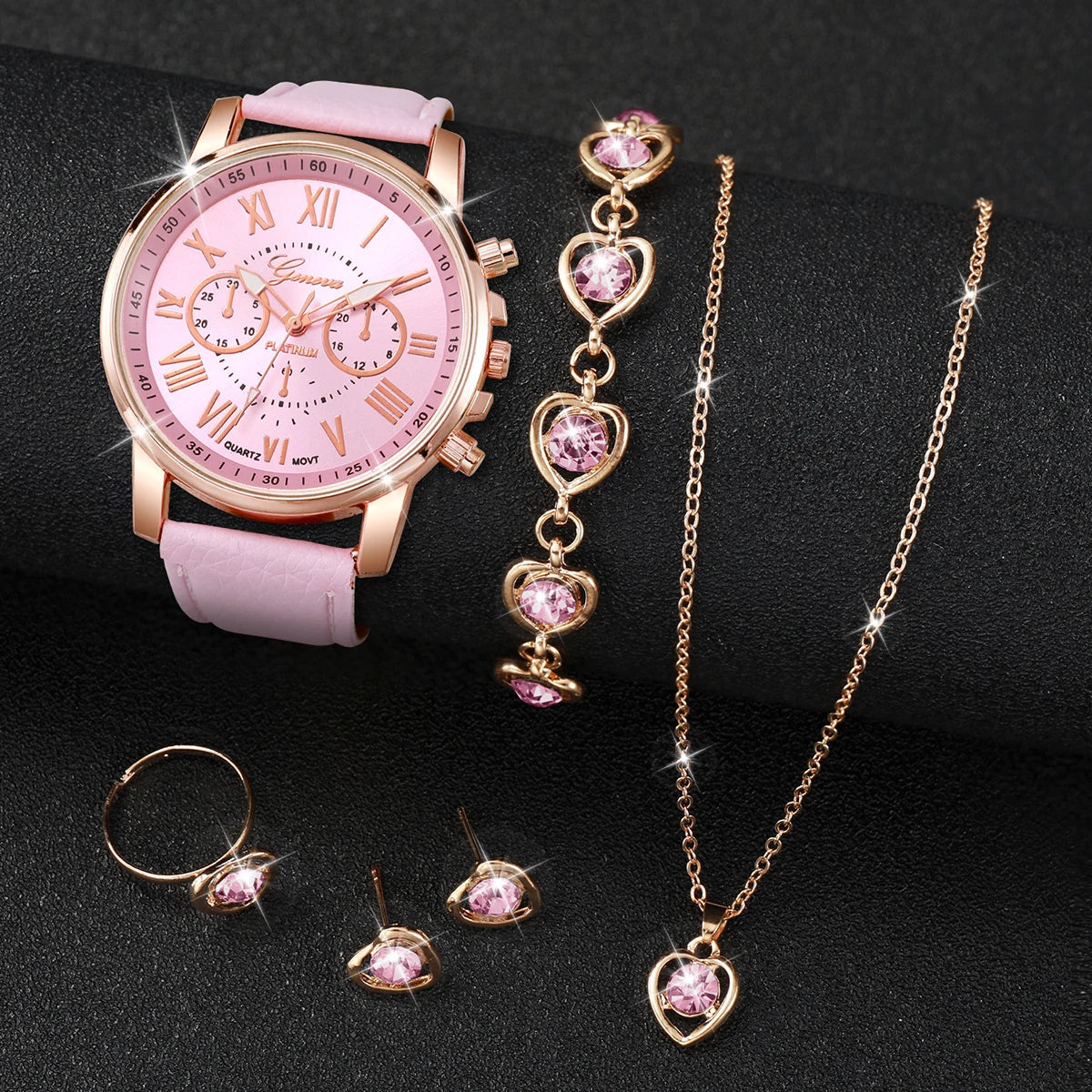 5/6PCS Fashion Women's Quartz Watch Leather Band Analog Wrist Watches Heart Rhinestone Jewelry Set(Without Box) | Color:HH10039