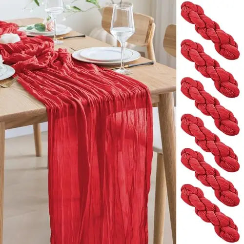 90x300cm Brown Cheesecloth Table Runners Boho Sheer Tablecloth for Wedding Shower Birthday Bridal Party Home Dinning Decoration | Color:Red