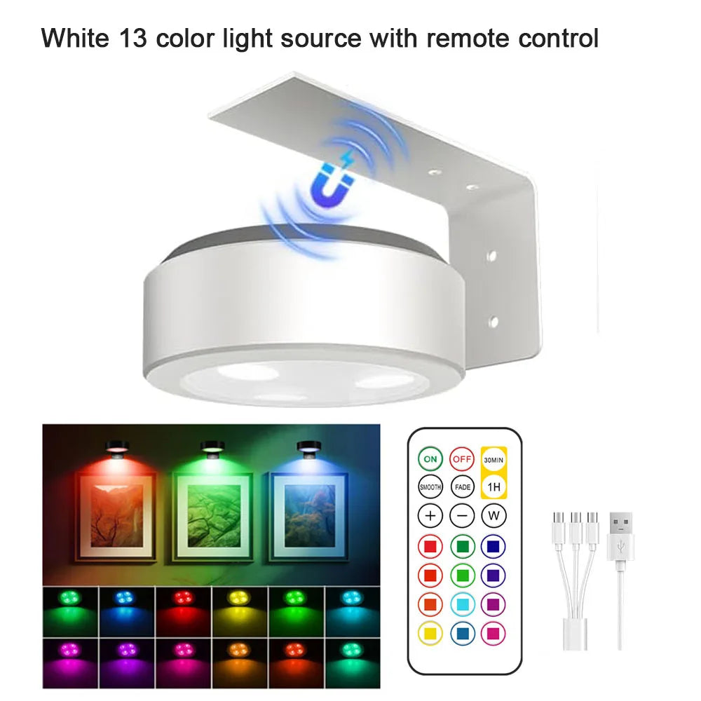 Picture Lights for Wall Rechargeable Magnetic Poster Lights Remote Dimmable Timer Painting Light Wall Decor Light Painting Light | Lampshade Color:White 13 color rgb