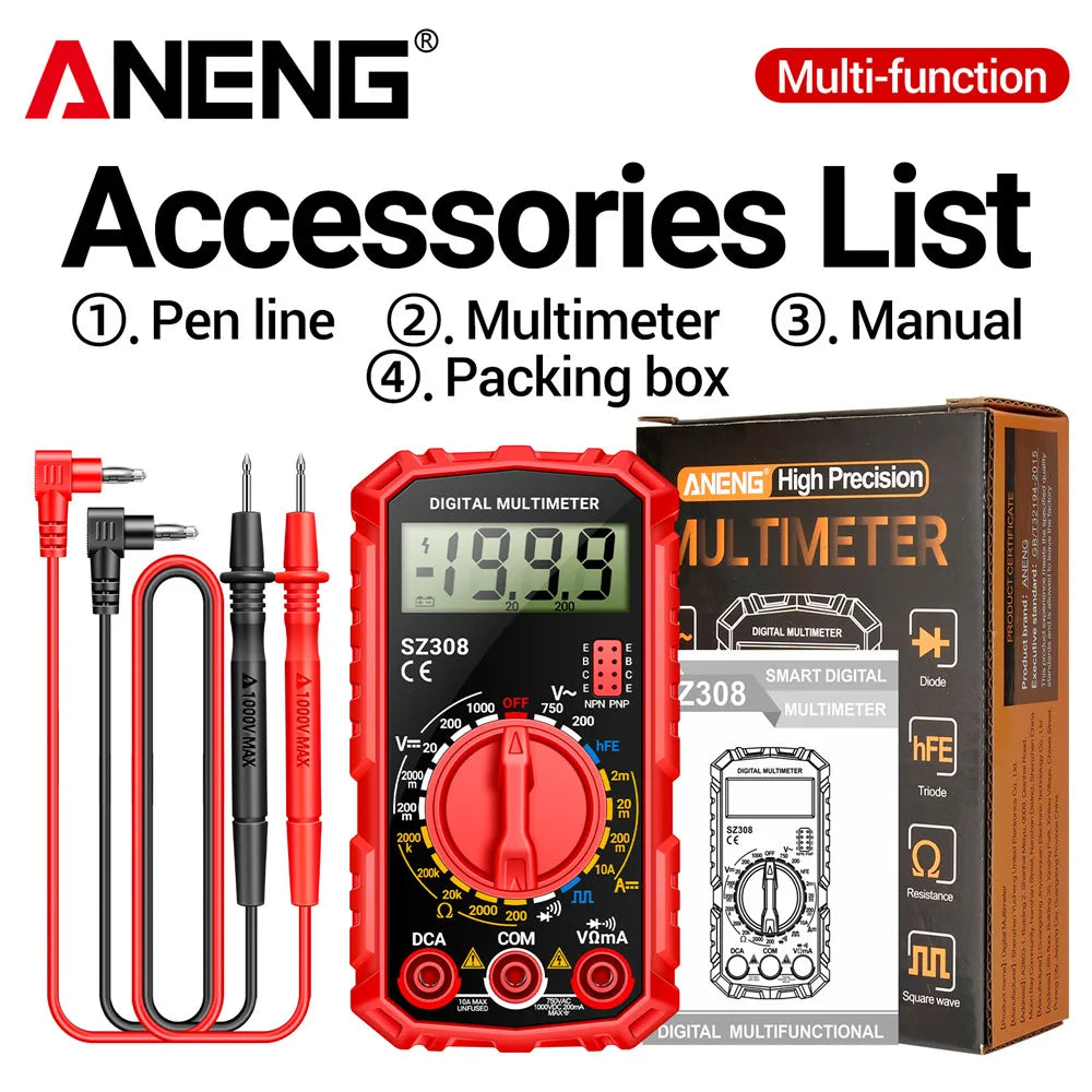 ANENG SZ308 Digital Multimeter   AC/DC Current Meter Voltage Resistance Meter Electrician LCD Backlight Ohm Square Wave Test | Color:SZ309 Red