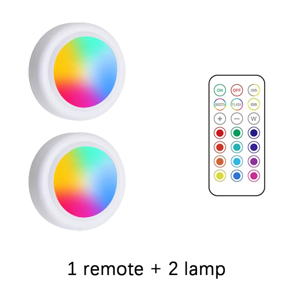 RGB LED Under Cabinet Lights with Remote Control Battery Powered Wireless Dimmable Night Lamp LED Lights for Home Wardrobe Light | Color:1 remote 2 lights