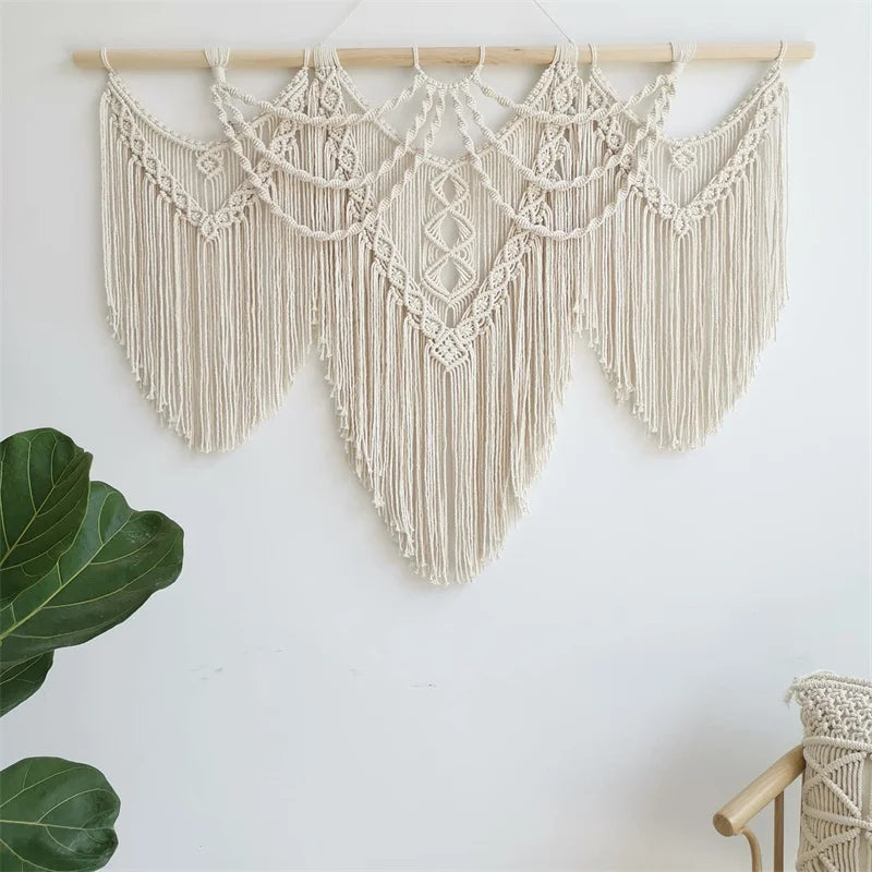 Large Macrame Wall Hanging Tapestry  with  Wooden Stick Hand-Woven Bohemia Tassel Curtain Tapestry  Wedding Backgrou Boho Decor | 0