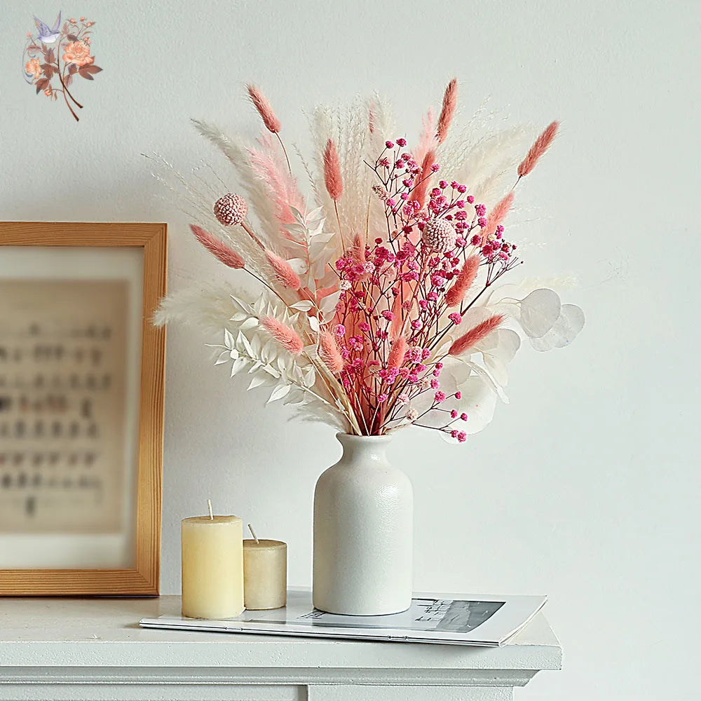 Pink White Dried Flowers Mariage Bouquet Centerpieces for Weddings Natural Pampas Grass Real Gypsophile Nordic Boho Home Decor | 1