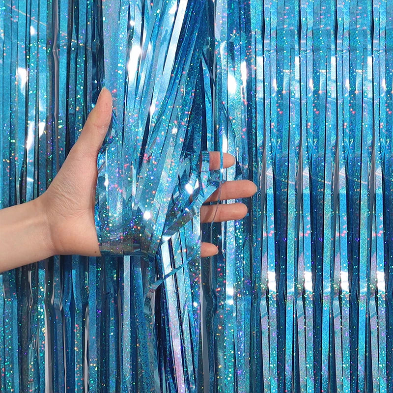 2/3M Party Background Wedding Decoration Foil Fringe Curtain Sequin Bachelorette Photo Backdrop Wall Curtain Birthday BabyShower | Color:Laser Light Blue