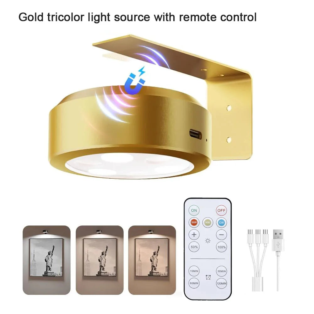 Picture Lights for Wall Rechargeable Magnetic Poster Lights Remote Dimmable Timer Painting Light Wall Decor Light Painting Light | Lampshade Color:Gold  3 color