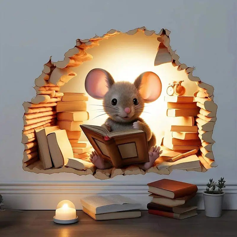 M736 Mouse Hole Wall Sticker, Mouse Book Lover's Vinyl Decal, Mouse Reading Decor, Cute Mouse in a Hole, Mouse Sticker | Color:M736-02