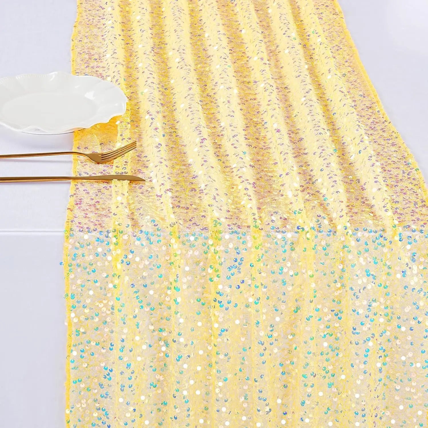Sequin Iridescent Table Runner Boho Table Runners Glitter Sequin Tablecloth for Party Wedding Summer Mermaid Birthday Decoration | Color:Champagne