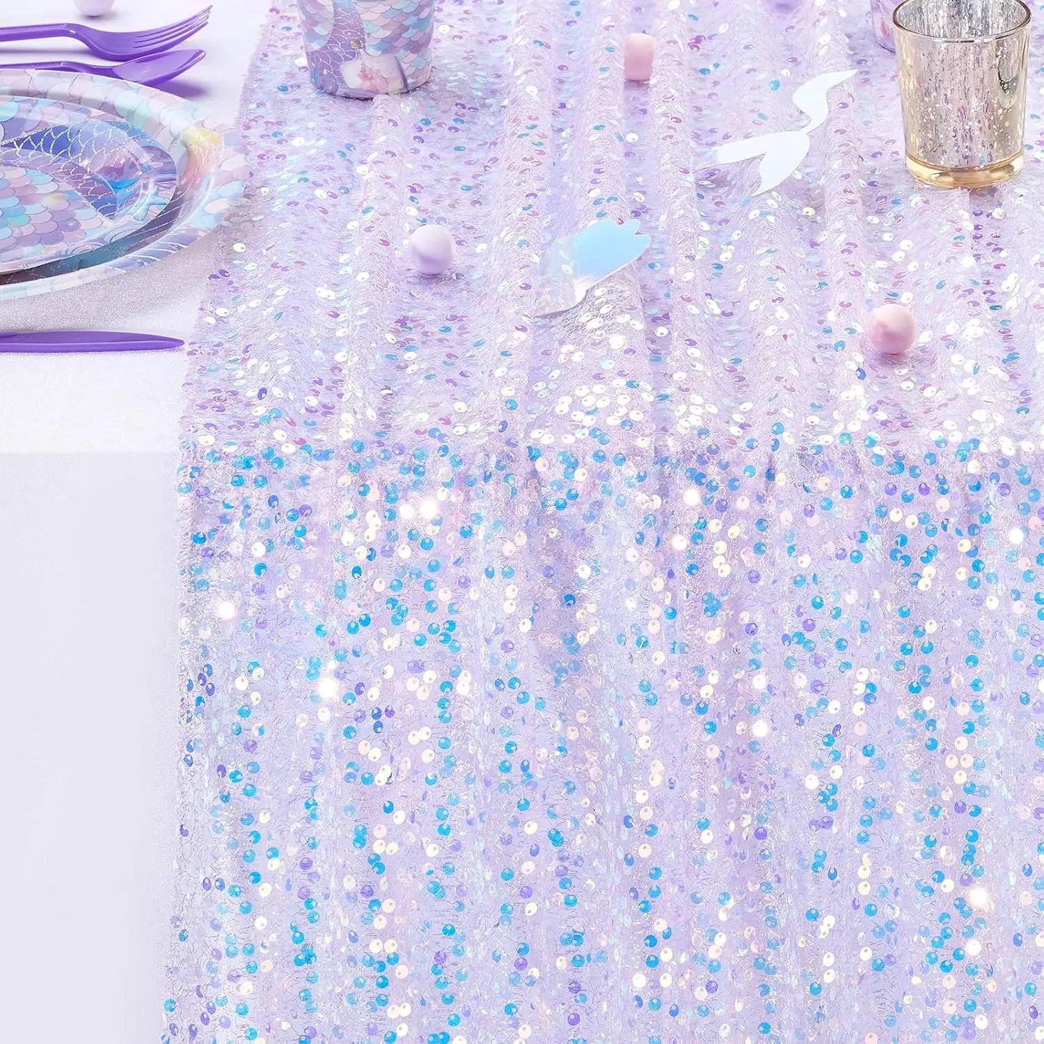 Sequin Iridescent Table Runner Boho Table Runners Glitter Sequin Tablecloth for Party Wedding Summer Mermaid Birthday Decoration | 1