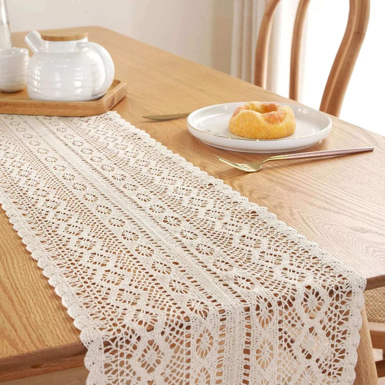 Cotton Lace Boho Beige Table Runner Farmhouse Style Vintage Home Bridal Shower Country Wedding Party Coffee Dining Table Decor | 3