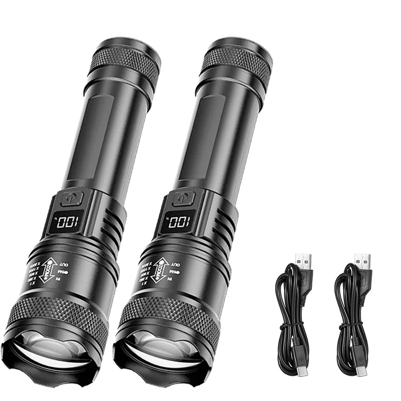 Rechargeable LED Flashlight Zoomable Torch with LCD Display 3 Modes Waterproof High Power Hand Light Outdoor Wilderness Camping | Emitting Color:2PCS
