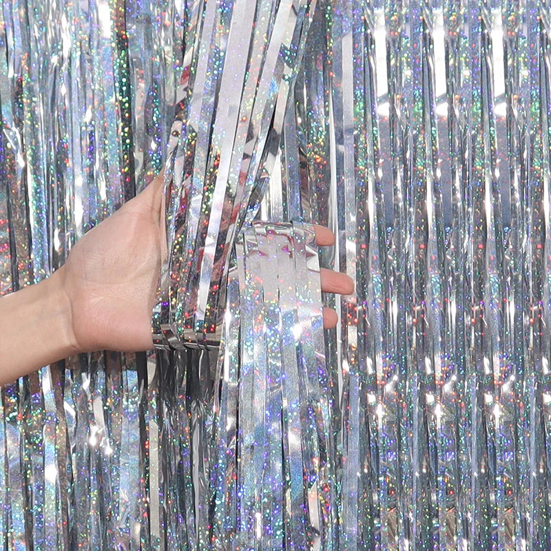 2/3M Party Background Wedding Decoration Foil Fringe Curtain Sequin Bachelorette Photo Backdrop Wall Curtain Birthday BabyShower | Color:Laser Silver