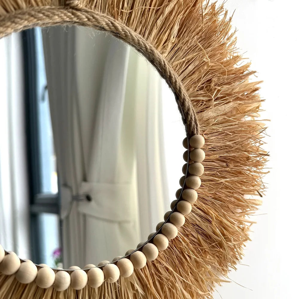 Handmade Boho Raffia Mirror Wall Hanging Decor Rustic  Boho Circle Acrylic Mirrors with Wood Bead Farmhouse Aesthetic Nursery | 3