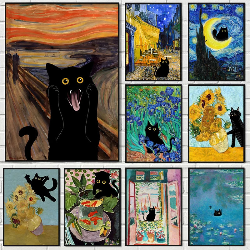 Funny Art Matisse Monet Black Cat Van Gogh Sunflowers Canvas Painting Posters and Prints Wall Pictures for Living Room Decor | 0