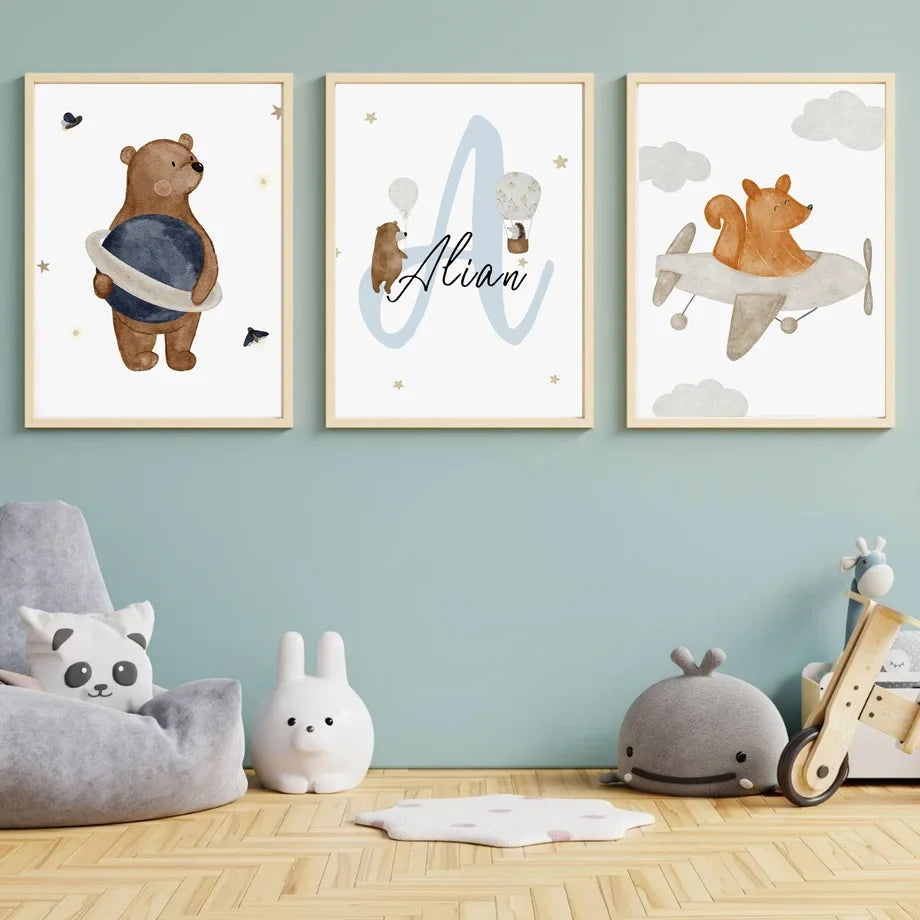 Boho Space Rocket Bear Mouse Hedgehog Custom Name Nursery Wall Art Children's Prints Posters Canvas Painting For Kids Room Decor | 2