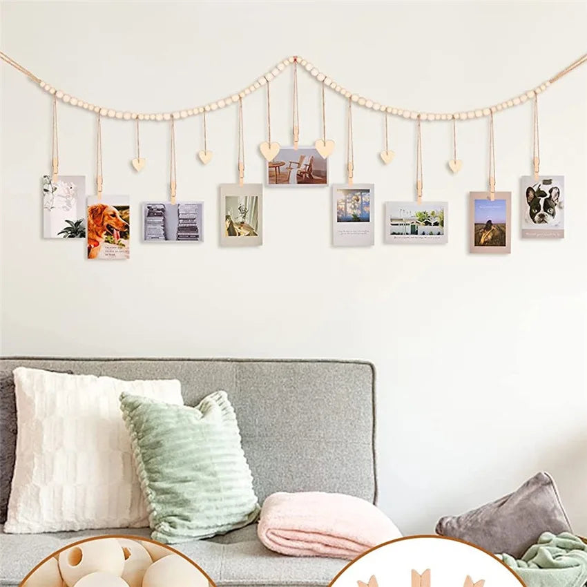 Hanging Photo Display Wooden Bead Garland Boho Wall Hanging for Bedroom Living Room Dorm Party Decor Teen Girl Gifts | 3