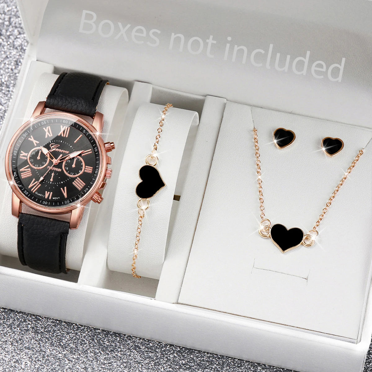 5/6PCS Fashion Women's Quartz Watch Leather Band Analog Wrist Watches Heart Rhinestone Jewelry Set(Without Box) | Color:E Without Box