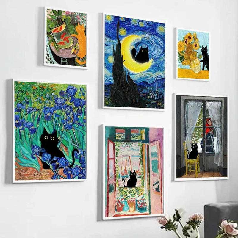 Funny Art Matisse Monet Black Cat Van Gogh Sunflowers Canvas Painting Posters and Prints Wall Pictures for Living Room Decor | 2