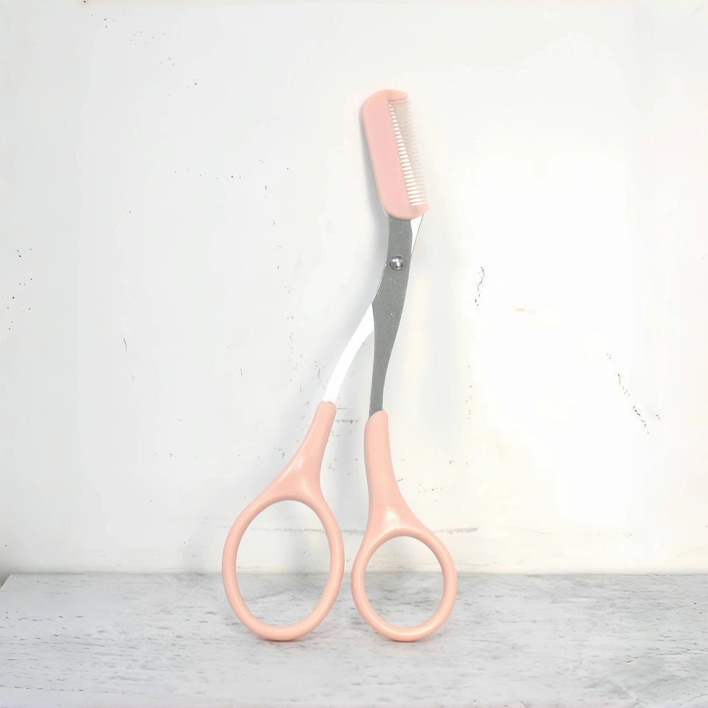 Pink eyebrow trimming scissors with built-in comb - stainless steel, precise grooming tool, creating perfect eyebrows | 1