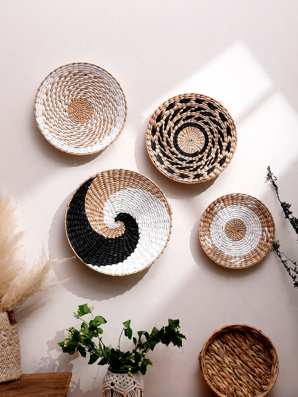 Wall Basket Decor Boho Handmade Seagrass Wall Hanging Decor Natural Basket Wall Art for Kitchen Bedroom Living Room Ornament | 5