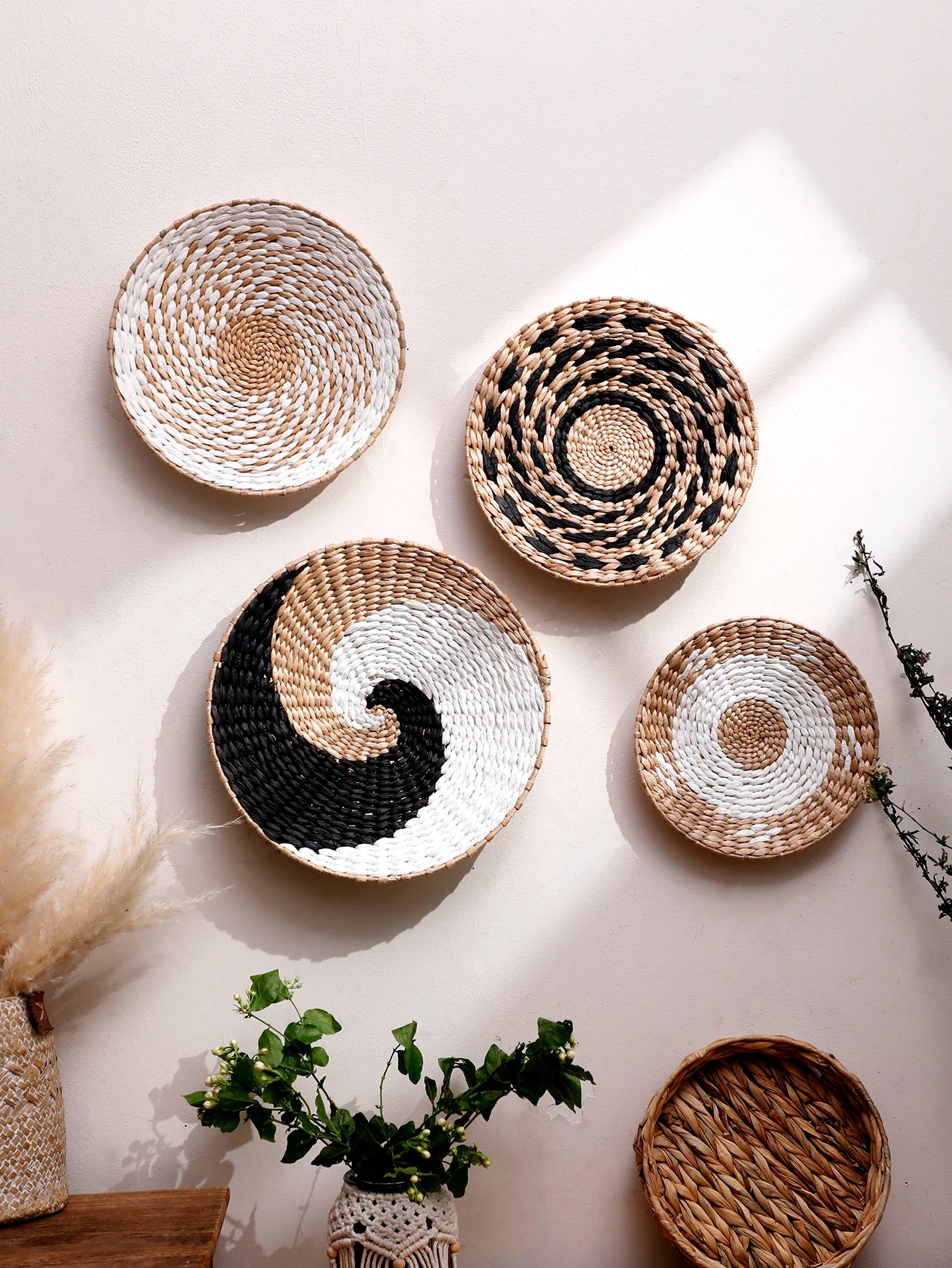 Wall Basket Decor Boho Handmade Seagrass Wall Hanging Decor Natural Basket Wall Art for Kitchen Bedroom Living Room Ornament | 5