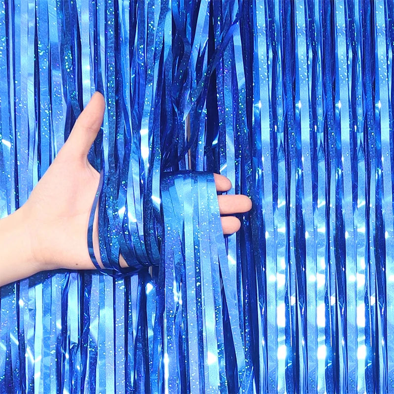 2/3M Party Background Wedding Decoration Foil Fringe Curtain Sequin Bachelorette Photo Backdrop Wall Curtain Birthday BabyShower | Color:Laser Blue