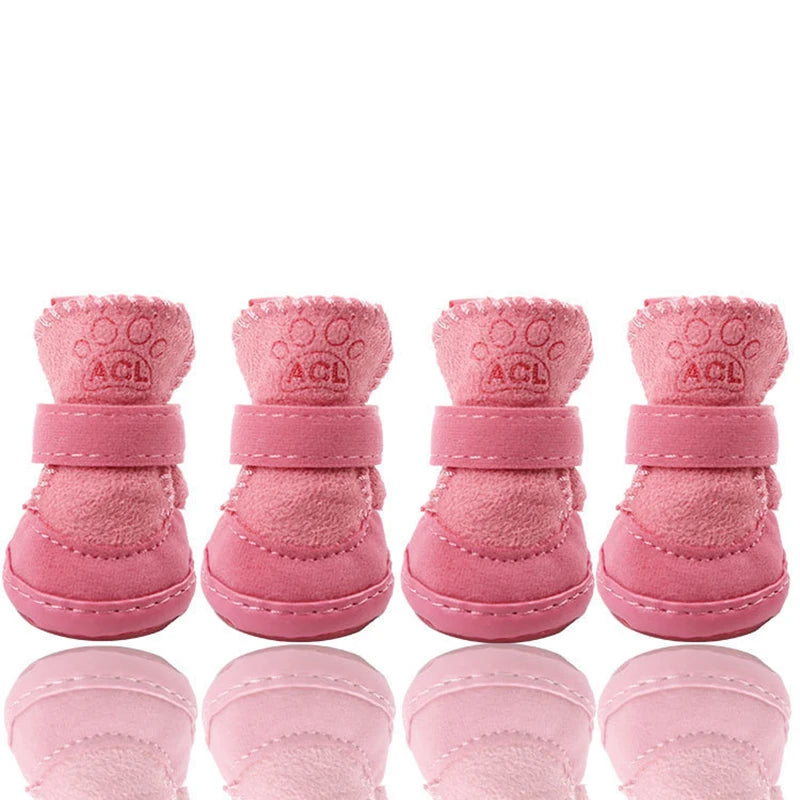 4pcs/set Pet Dog Shoes Winter Warm Shoes for Small Medium Dogs Anti-slip Puppy Rain Snow Boots Footwear Cat Dog Walking Sneakers | Color:pink