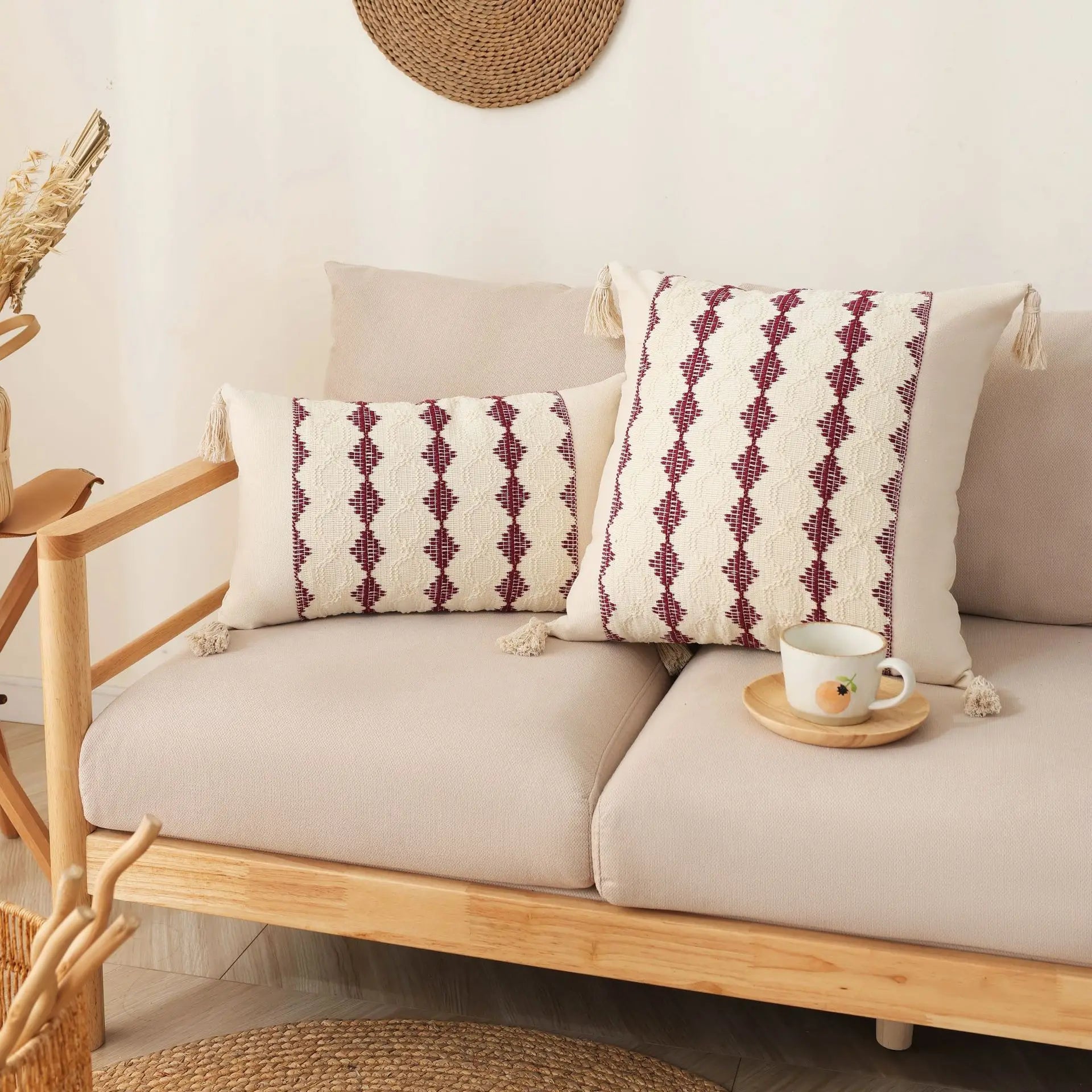 2 Piece Boho Cotton and Linen Tassel Cushion Cover Geometric Woven Crochet Pillowcases Fringed Handmade Home Decor 55x55/60x60cm | Color:E-Cushion cover