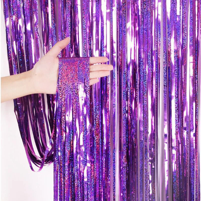 2/3M Party Background Wedding Decoration Foil Fringe Curtain Sequin Bachelorette Photo Backdrop Wall Curtain Birthday BabyShower | Color:Laser Purple